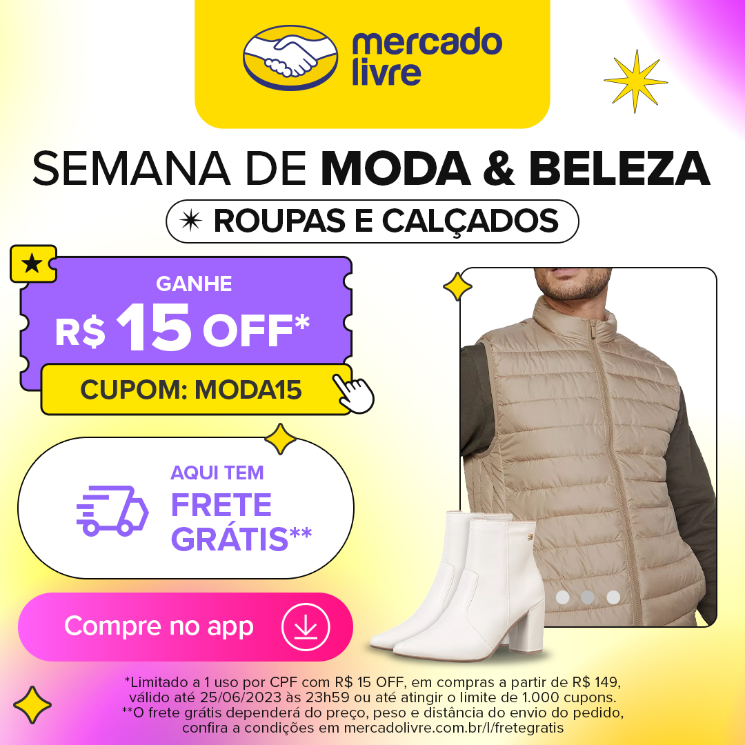 Mercado Livre 🤝 on X: Quer encontrar os looks mais populares da estação?  Use o cupom MODA15 e ganhe R$15 OFF em Roupas e Calçados no Mercado Livre.  Clique e aproveite. / X