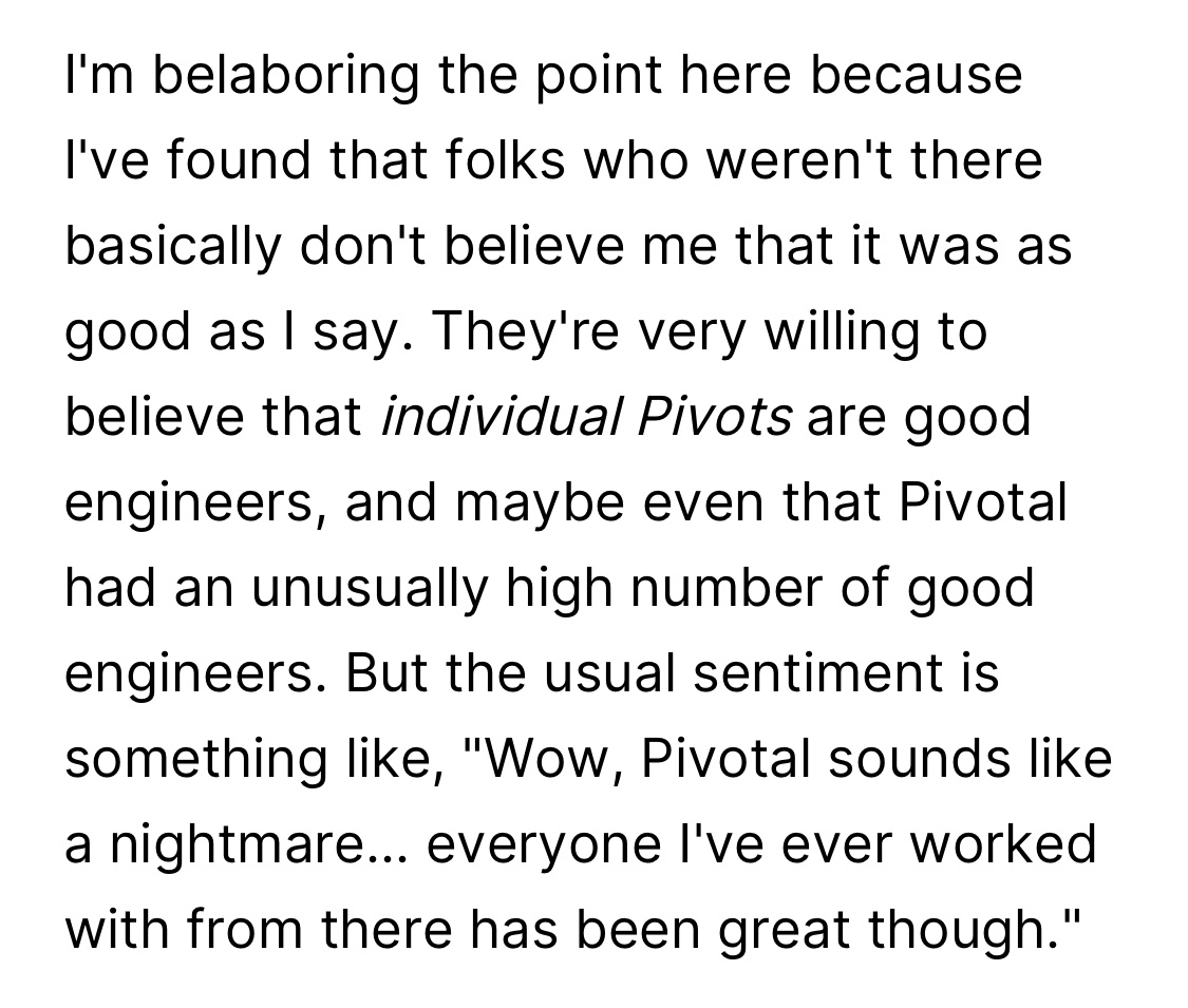 Working at Pivotal had a difficult to describe effect on almost everyone there. There was a genuine sense of comradery and optimism. I clearly remember believing that we had cracked the code on the best way to create software.

simplermachines.com/mr-reciprocity/