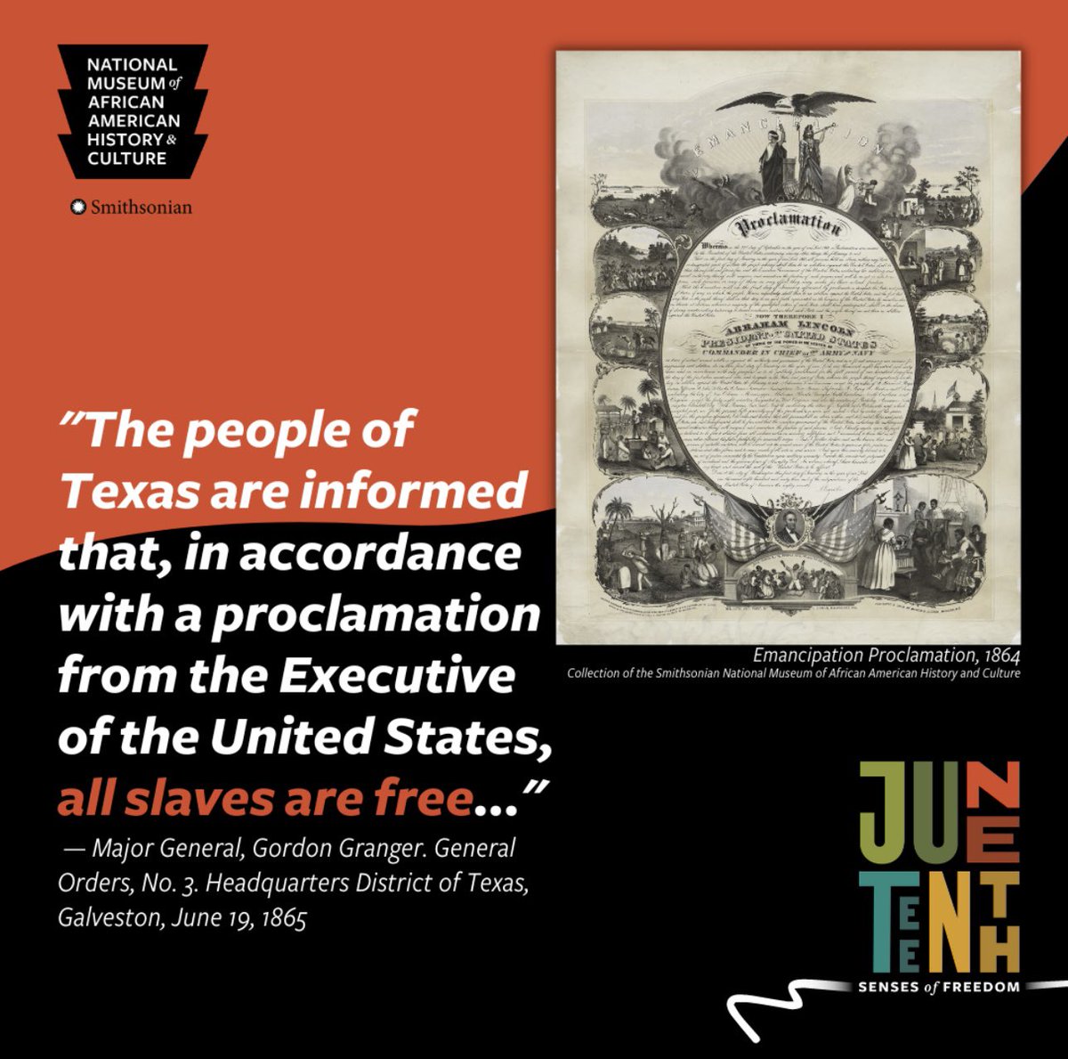 On June 19, 1865, Union troops arrived in Galveston, Texas with the news that the more than 250,000 enslaved Black people in the state were free. This day came to be known as #Juneteenth, now officially a federal holiday. 

Celebrate with <a href="/NMAAHC/">Smithsonian’s NMAAHC</a>: nmaach.si.edu/Juneteenth