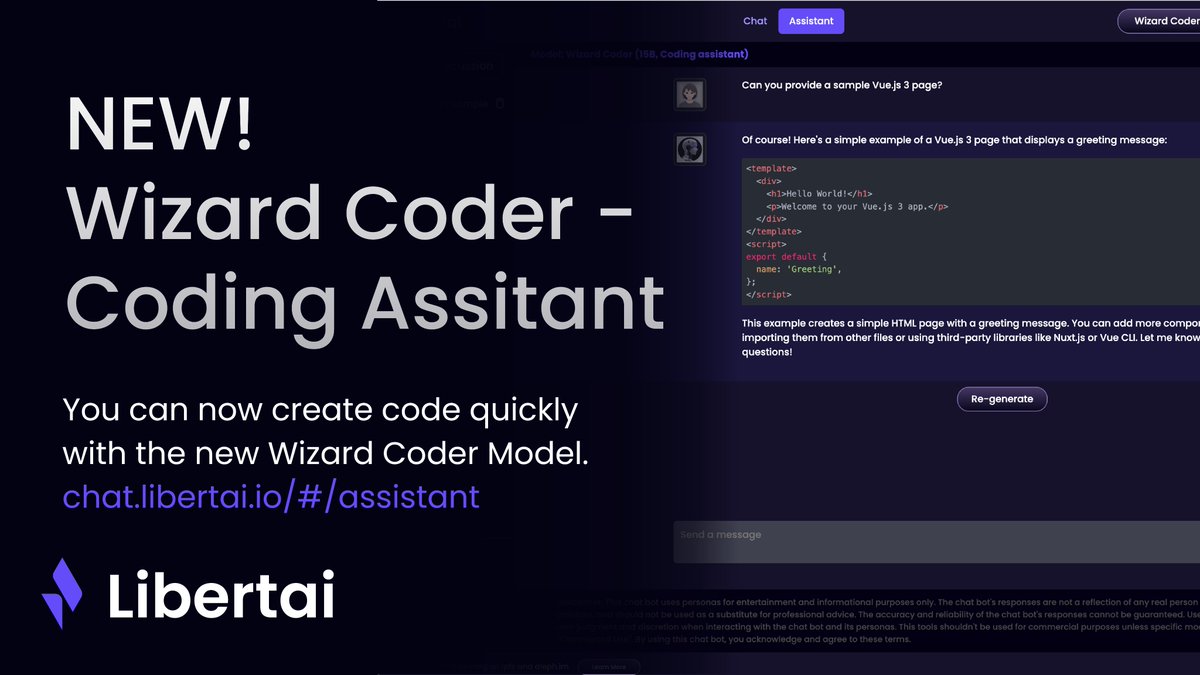 Libertai_DAI's tweet image. NEW! 🎉

We&apos;ve added a brand new powerful tool to our model library.

You can now select #WizardCoder from the drop down menu.

Wizard coder can provide coding suggestions quickly and fully decentralized thanks to @aleph_im 

Try it out. chat.libertai.io/#/assistant

#AI #LLM #Wizard