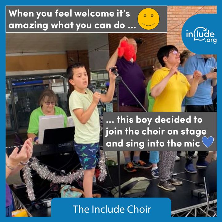 🎵🎤 When The Include Choir performed songs using Makaton in a town centre this weekend... not 1, not 2, but 3 people felt inspired to get on stage and join in 💜 This boy's enthusiasm was brilliant. That's what #inclusion is all about! #InclusiveCommunication #Community #Redhill