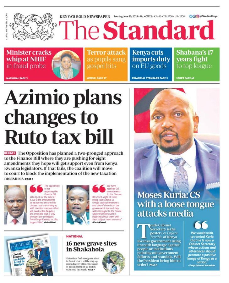 Hello Kenyans.

Get yourself a copy of today's newspapers. 

Business Daily, Daily Nation, The Standard, The Star, People Daily, Taifa Leo.

Follow me for daily highlights.

Macharia Gaitho Kikuyu Azimio Matiangi Aga Khan Moses Kuria CS Kithure Kindiki winnie odinga