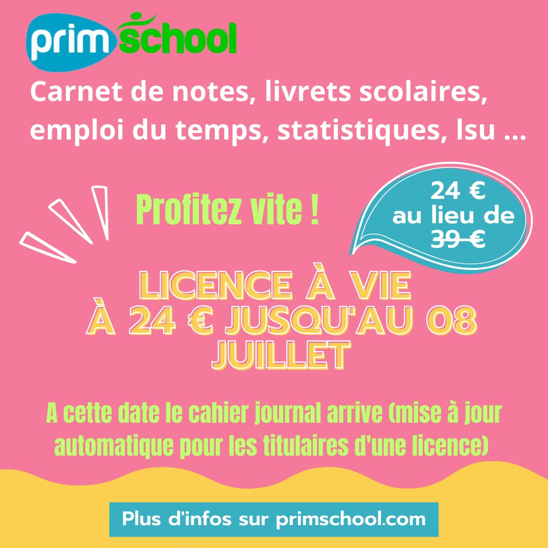PrimSchool_app's tweet photo. Profitez de la licence à vie à 24 euros jusqu'au 08 juillet. A cette date le cahier journal arrive par simple mise à jour automatisée. PrimSchool est un ensemble d'outils permettant de gagner du temps pour les #profdesecoles Pour en savoir plus, https://t.co/2wjzPBqrzo
#erun https://t.co/MmCB0e0rfP