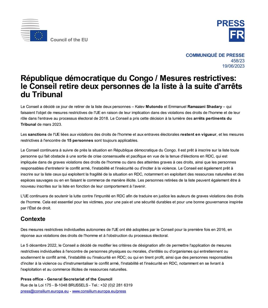 kabumba_justin's tweet photo. #RDC🇨🇩 L'Union européenne lève des sanctions contre Kalev #Mutond, l'ancien chef des services de renseignements et Emmanuel #Ramazani,candidat président à l'élection de 2018, tous deux  proches de  l'ancien président #Kabila . Ils étaient impliqués dans des violations des droits de l'homme et de leur rôle dans l'entrave au processus électoral de 2018.