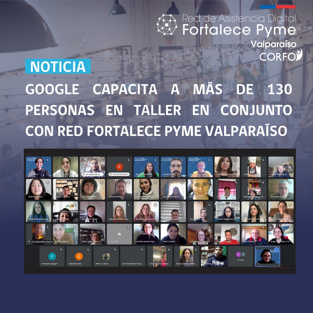 ¡Nuestro taller junto a <a href="/Google/">Google</a> Latam fue un éxito! Más de 130 personas se capacitaron en herramientas #Google para triunfar en internet 📲

Sobre 40 pymes obtuvieron tips para potenciar la #TransformaciónDigital de su negocio a través del Perfil de Negocio, Ads y Analytics 🤩🚀