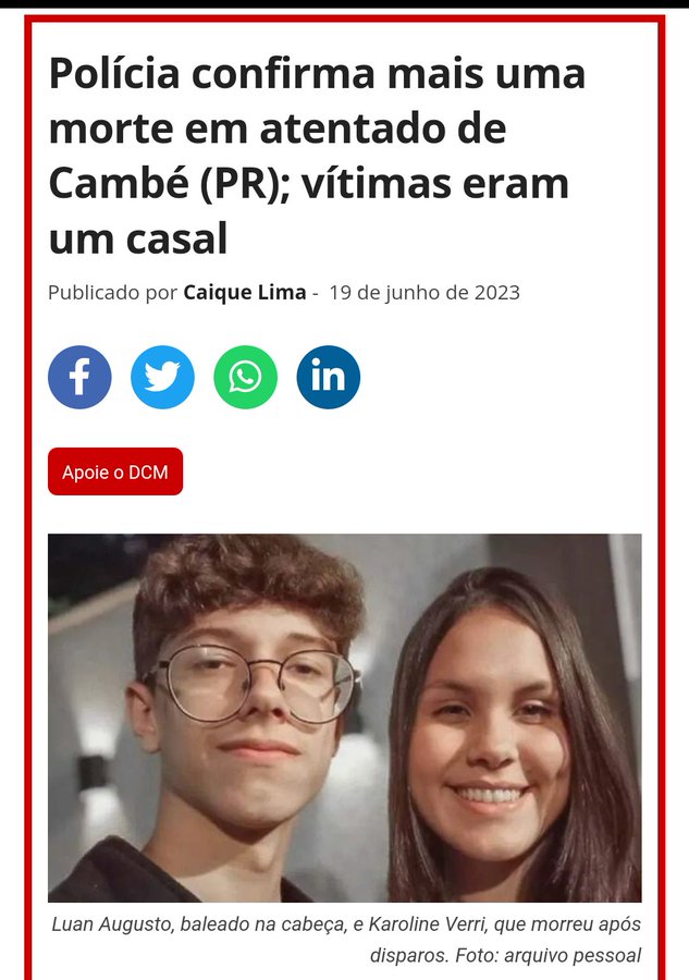 Morgana86865542's tweet photo. Polícia confirma mais uma morte em atentado de Cambé (PR); vítimas eram um casal.  Armas, armas, armas... Sinto muito pelas vítimas. 

#atentado #atirador #cambe https://t.co/jW4lnlWCN6