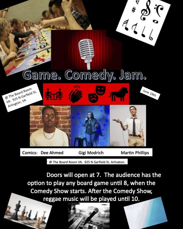 BellyComedy's tweet photo. Get your tickets now for a unique show at The Board Room in #ArlingtonVA ! Hosted by Marshall Lee! Play board games, watch a great comedy show, and enjoy awesome music to end the evening. The show has something for everyone and promises to be a blast! See you at 7pm tonight! https://t.co/1aFPdpPHIx