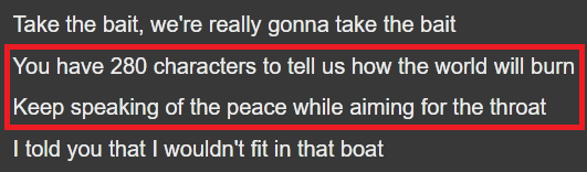 ShrikesStrike's tweet photo. usually its cringey when bands reference social media.... but these lines just hits me so hard...

War Painted Valentine - Diablo Swing Orchestra https://t.co/1Q3iAq5nfj