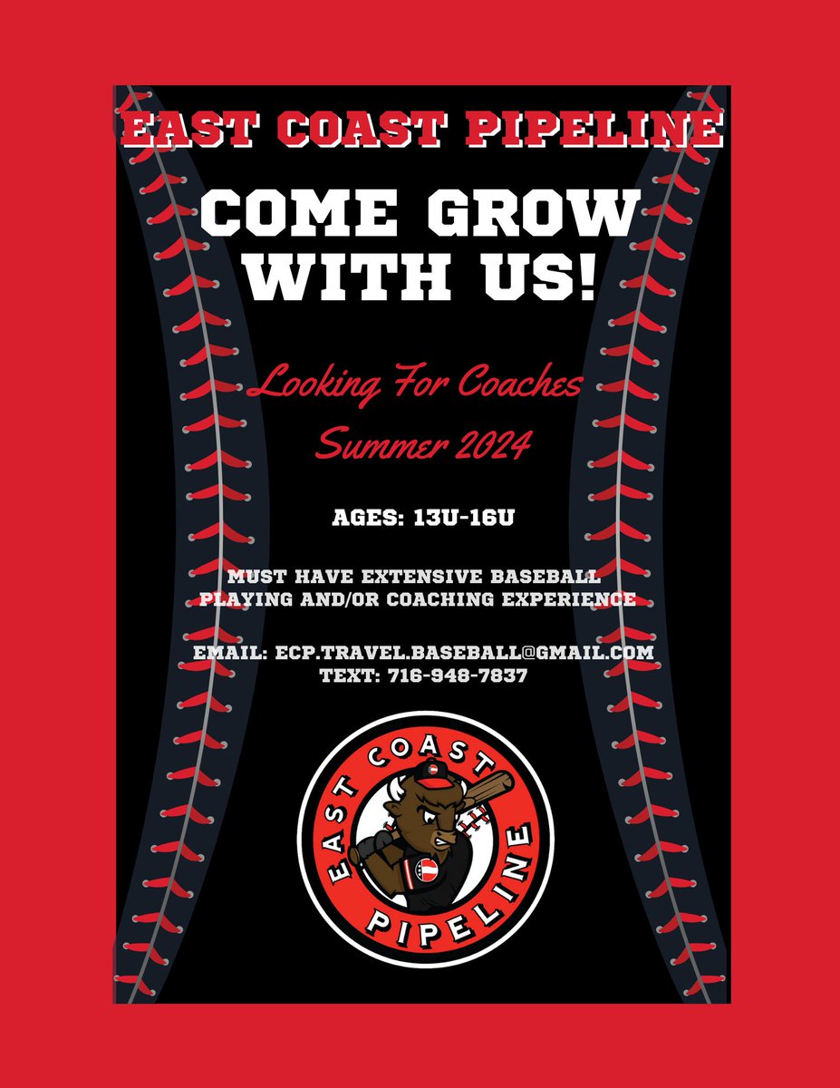 Come Grow With Us! 

We are looking for qualified individuals to coach in the summer of 2024. 

Ages 13u-16u

If interested -

Email: ECP.Travel.Baseball@gmail.com
Call/Text: 716-948-7837

#FindyourFit #Family #Culture #FullBenefit #🦬⚾️