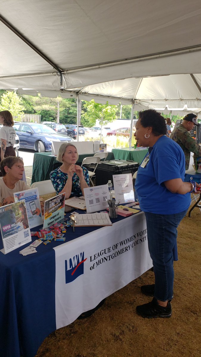 MoCoMDLWV's tweet image. What a great day! Thank you to everyone who stopped by to #GetRegistered, sign up for our very popular Voters' Guide or ask questions. We appreciate you and all our members who showed up to support our #MoCo community!! Happy #Juneteenth2023 #LWV