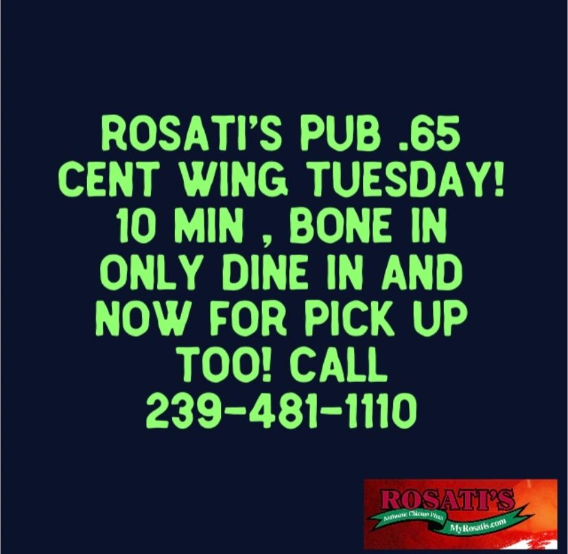 Join us for Tuesday Wing Night! Now for Dine In or Call for Take Out! 239-481-1110 Open 3PM #rosatisfortmyers #wingdeal #wings #rosatissportspubfortmyers #fun #beer #craftbeer #chicagostylepizza #fortmyerspizza #Bar #fullbar #dogfriendly #patio #localbusiness #swflpizza