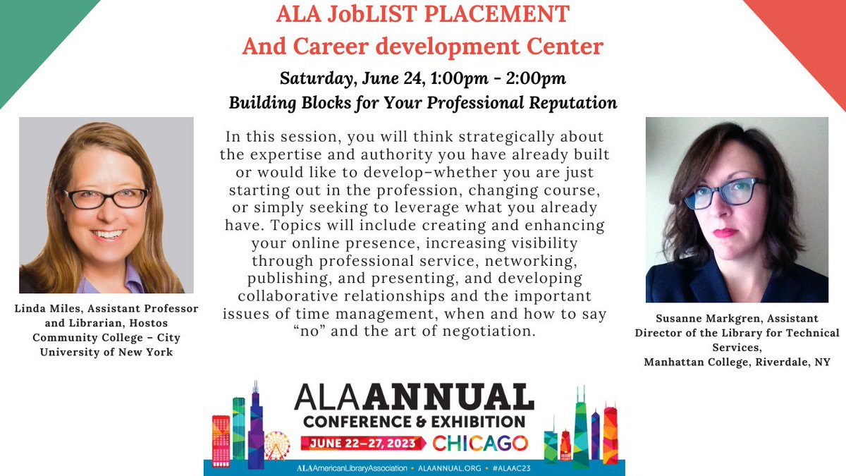 alaplacement's tweet image. Join Linda Miles and Susanne Markgren as they discuss Building Blocks for your Professional Reputation! #ALAAC23 is quickly approaching; we hope to see you there! Conference registration is not required to attend. #ALAAC23PLACEMENT