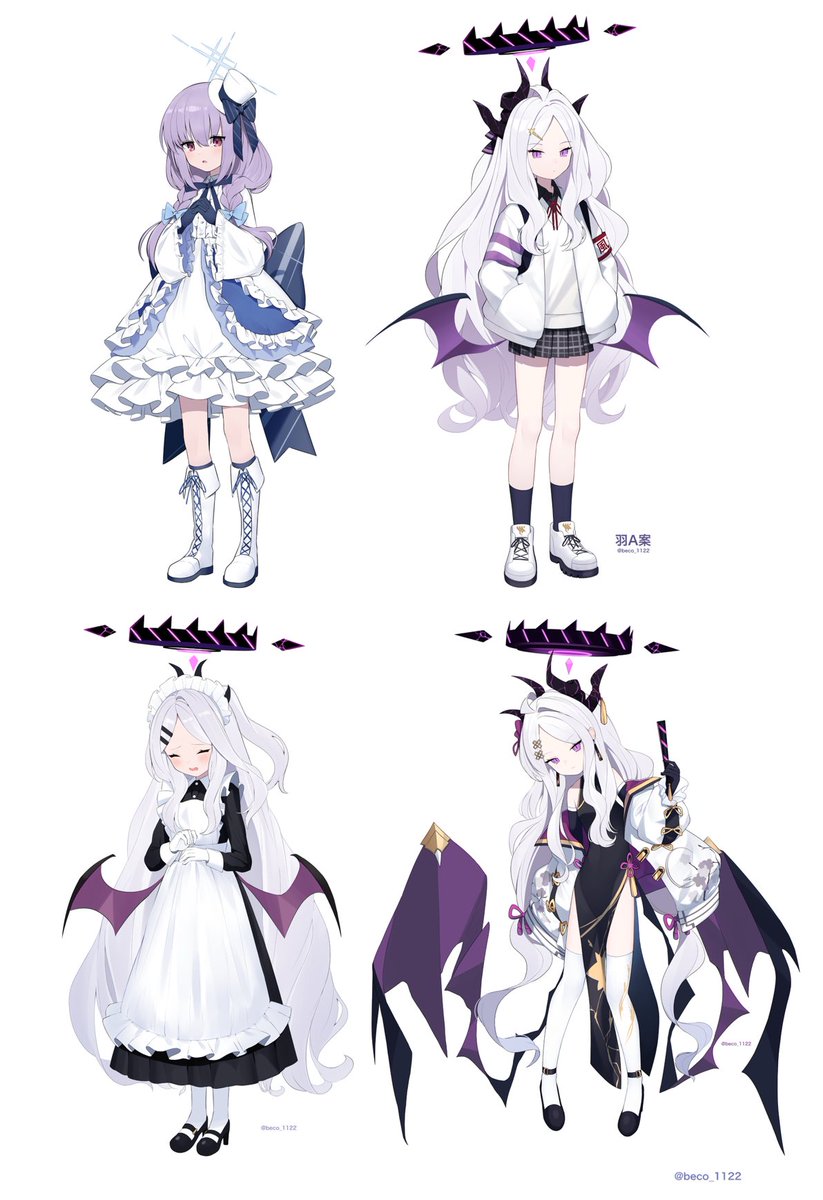 hina (blue archive) horns wings multiple girls long hair white hair maid halo  illustration images