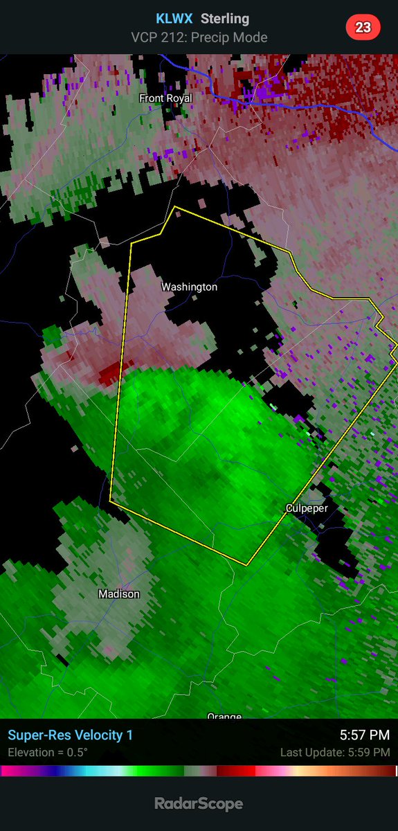 Washington, VA take cover now, an approaching severe warned supercell is heading toward your area. Strong winds, hail or a tornado is possible in this storm. 

#VAwx