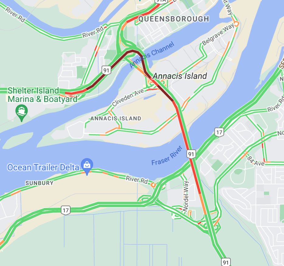 UPDATE: major delays Southbound #BCHwy91 due to vehicle incident blocking the  right lane at the South end of the #AlexFraserBridge. #RichmondBC #DeltaBC