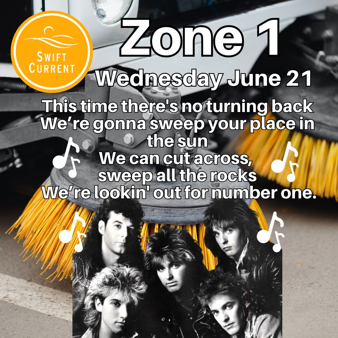 Mullets, hairspray, acid wash jeans - and Honeymoon Suite. The stage is set for zone 1 street sweeping, Wednesday June 21st, Canadian content style. 
We're almost through it: swiftcurrent.ca/sweep
Zones: swiftcurrent.pub/SweepMap