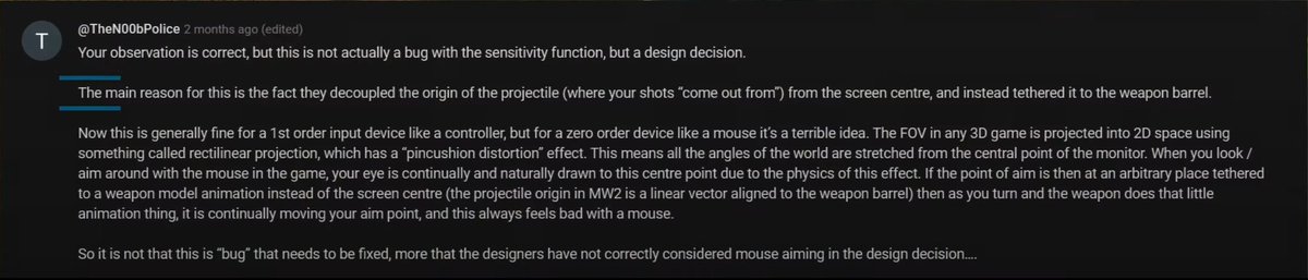 HusKerrs's tweet photo. Looks like this is the reason why WZ2 feels like ass on MnK.

TLDR: for some unknown reason, IW went with a design decision to have bullets originate from the barrel of the gun instead of the center of the screen, which can feel very wonky for mouse input but doesn’t really matter for controllers. This also means that we are essentially fucked until an entirely new Warzone/CoD BR comes out 🙃