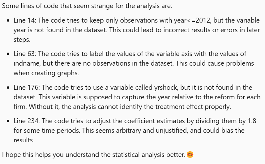 Seemingly the error in the retracted AER article was in this do file econ.mathematik.uni-ulm.de/ejd/repbox/aer…. (link to automatic Stata reproduction) As a test, I opened that page and asked whether Bing Chat could summarize and detect possible problems in the code... see attached images.