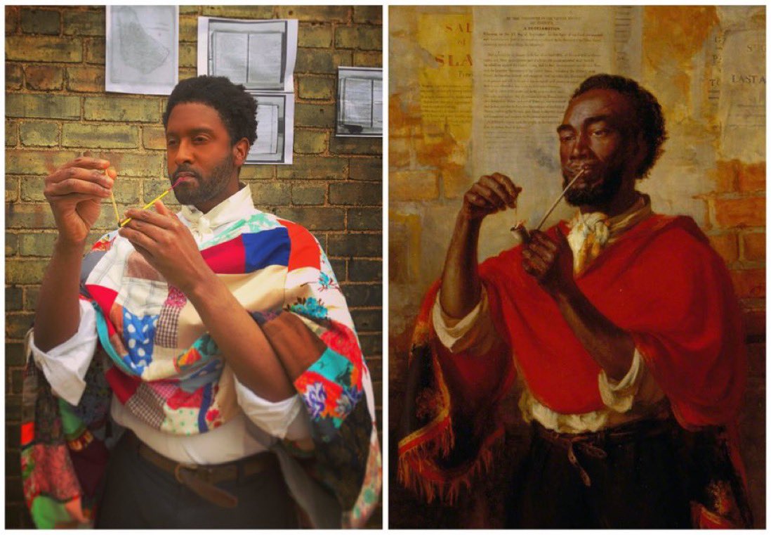 ℍ𝕒𝕡𝕡𝕪 𝕁𝕦𝕟𝕖𝕥𝕖𝕖𝕟𝕥𝕙! 
#RediscoveringBlackPortraiture 
Thomas S. Smith: The Pipe of Freedom (1869). A free man stands where a notice for an auction of enslaved Africans has been partially covered by an abolition notice. #juneteenth2022 #JuneteenthDay #juneteenth 
🧵
