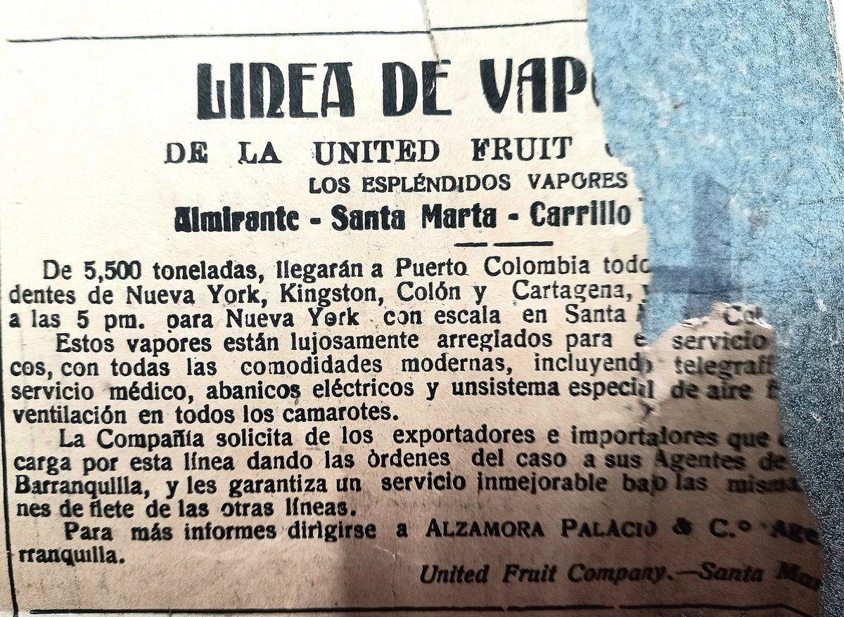 archivomompox's tweet photo. En nuestro Archivo, en un recorte del periódico Eco Sinuano de Montería de 1916, encontramos una publicidad de la línea de vapores de la United Fruit Company, la misma empresa que se vio involucrada en la masacre de las bananeras en 1928. @colombia_hist @stanislausbhor https://t.co/22TDtLJ4XH
