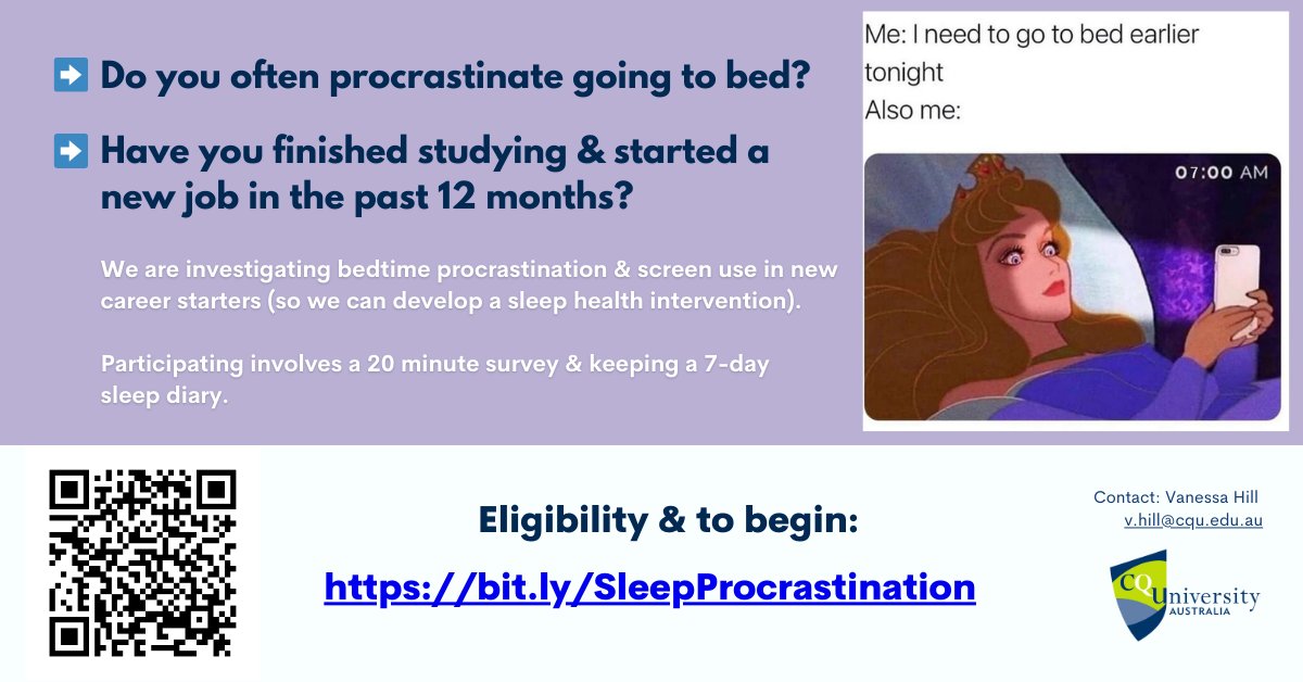 🥱 CALL FOR PARTICIPANTS! 🥱

🤳 Do you often procrastinate going to bed?
🧑‍🎓 Have you finished studying &amp; started a
new job in the past 12 months?

We're running a study on bedtime procrastination in new career starters. Link to join:
bit.ly/SleepProcrasti…

Please share! 🙏
