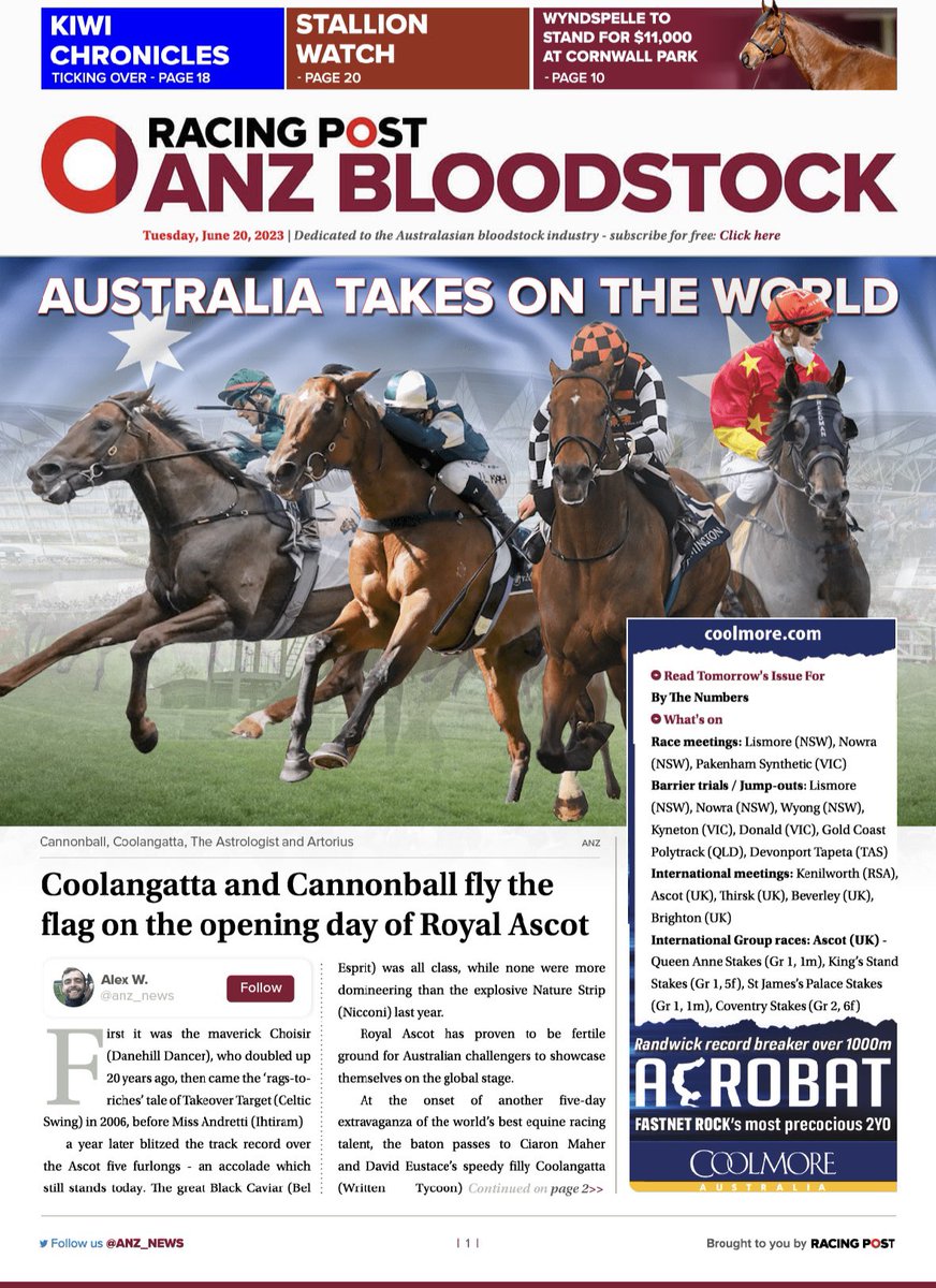 ANZ Bloodstock (@anz_news) on Twitter photo In today's ANZ Bloodstock News 📫🐎
⭕️ Australia set to take on the world 🇦🇺
⭕️ Wyndspelle to stand for $11,000 at <a href="/CornwallStud/">Cornwall Park Stud</a> 💨
⭕️ Kiwi Chronicles 🥝
Read more here > anzbloodstocknews.com/editions/2023-… In today's ANZ Bloodstock News 📫🐎
⭕️ Australia set to take on the world 🇦🇺
⭕️ Wyndspelle to stand for $11,000 at <a href="/CornwallStud/">Cornwall Park Stud</a> 💨
⭕️ Kiwi Chronicles 🥝
Read more here > anzbloodstocknews.com/editions/2023-…