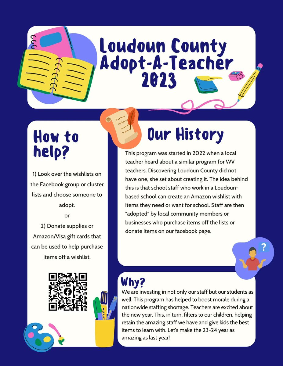 Welcome to the 23-24 Loudoun County Adopt a Teacher page.  We have created a new flyer for the new school year!  Please feel free to share this.
We are also working on creating new social media accounts!  So please be patient as we work out the kinks as we expand!