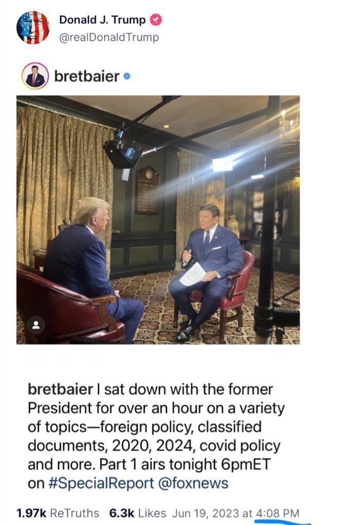 Trump Truth Timestamp: 6:03 (RED)

Q603 ends in 4:08 (BLUE)

Trump Truthed Bret Baier interview at 4:08 (BLUE)

OBAMA JUST RETAINED COUNSEL!!!!!!