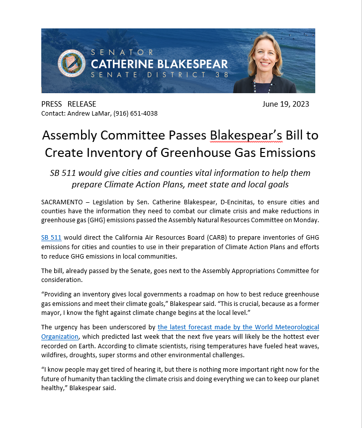 SenBlakespear's tweet photo. Happy to report that #SB511, which would create an inventory of GHG emissions for cities and counties, passed the Assembly Natural Resources today. @casendems @CivicWellorg https://t.co/8J7b6k3BA4