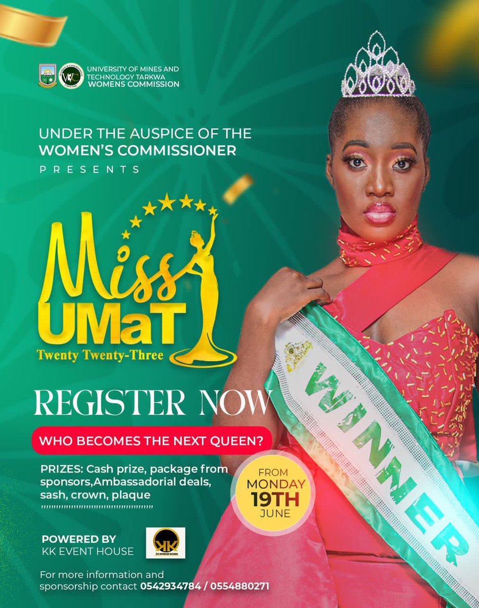 dynamite_fm's tweet photo. Are you a female UMaT student interested in pageantry?Do you have what it takes to wear the crown?.Do you have a project in mind you would want others to benefit from?Then here's an opportunity for you.
Register now!!
#MissUmat
#Dynamitefm
#UmatSRC https://t.co/ttYvJAOwSb
