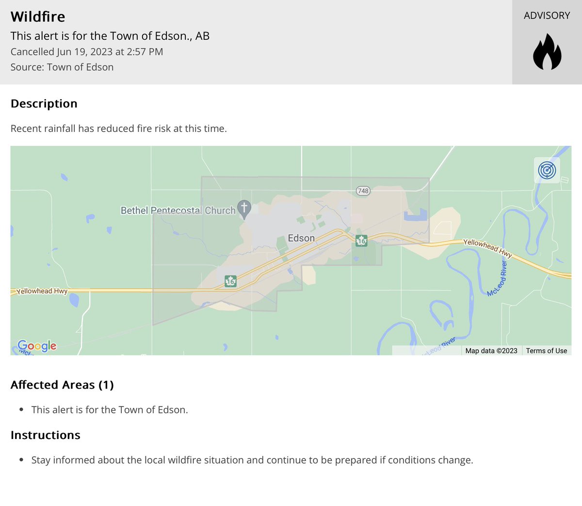 “Recent rainfall has reduced fire risk at this time.” - @alertable_ca 

#ABFire #ABFires #ABWildfire #Edson