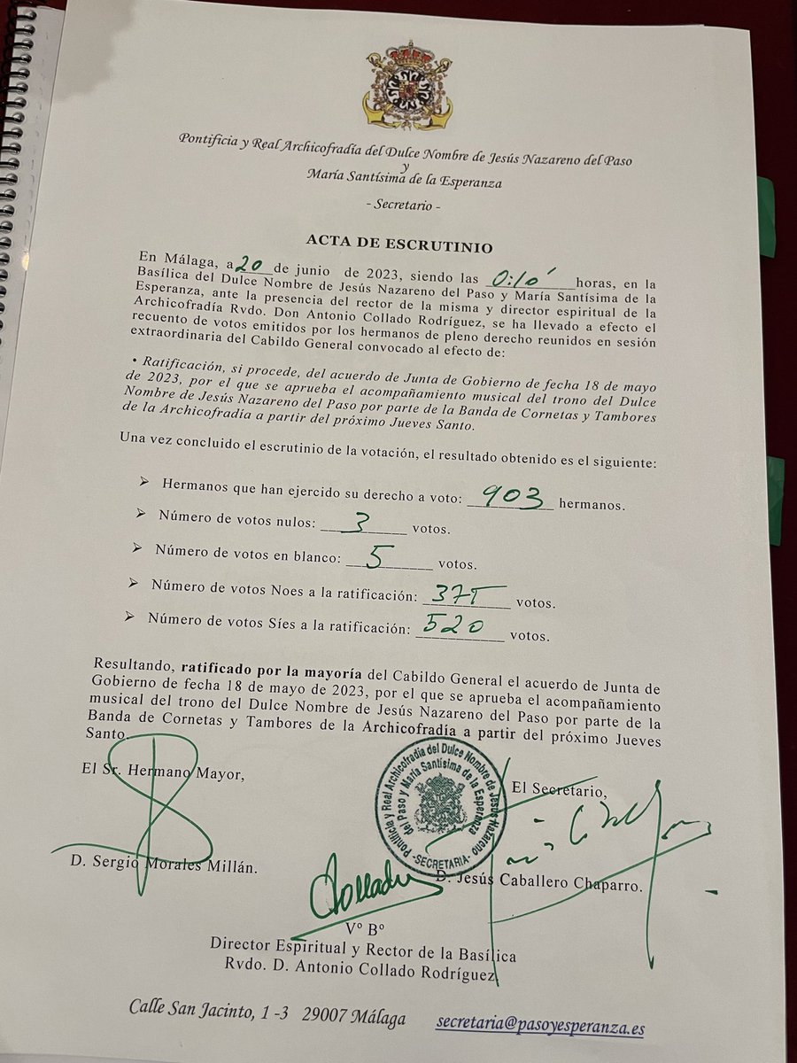 El cabildo de hermanos ratifica que nuestra <a href="/bctpasoespe/">La Esperanza</a> acompañe musicalmente al Dulce Nombre de Jesús Nazareno del Paso a partir del próximo Jueves Santo. 

El resultado es el siguiente:
Votos a favor: 520
Votos en contra: 375
En blanco: 5
Nulo: 3
#CofradíasMLG