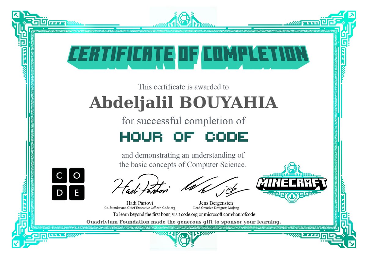 I'm thrilled to announce that I've obtained a Minecraft Programming Hour Certificate! 🎉✨ I now possess the skills to program my own games and bring even more creativity to the world of Minecraft.💪🚀 #MinecraftProgramming #HourOfCodeCertificate @PlayCraftLearn @Minecraft