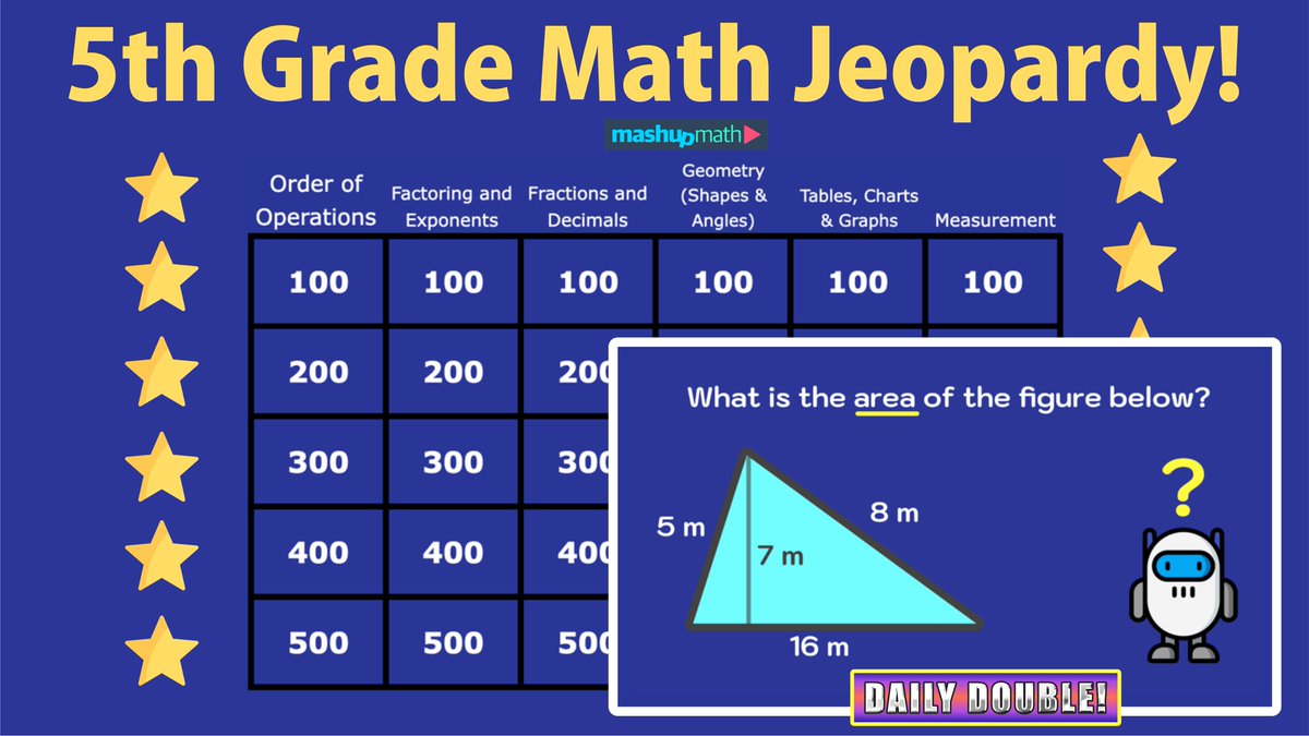 Are you ready to review?

Free 5th Grade Math Jeopardy Game: mashupmath.com/math-jeopardy-…

#5thchat #elemmathhcat