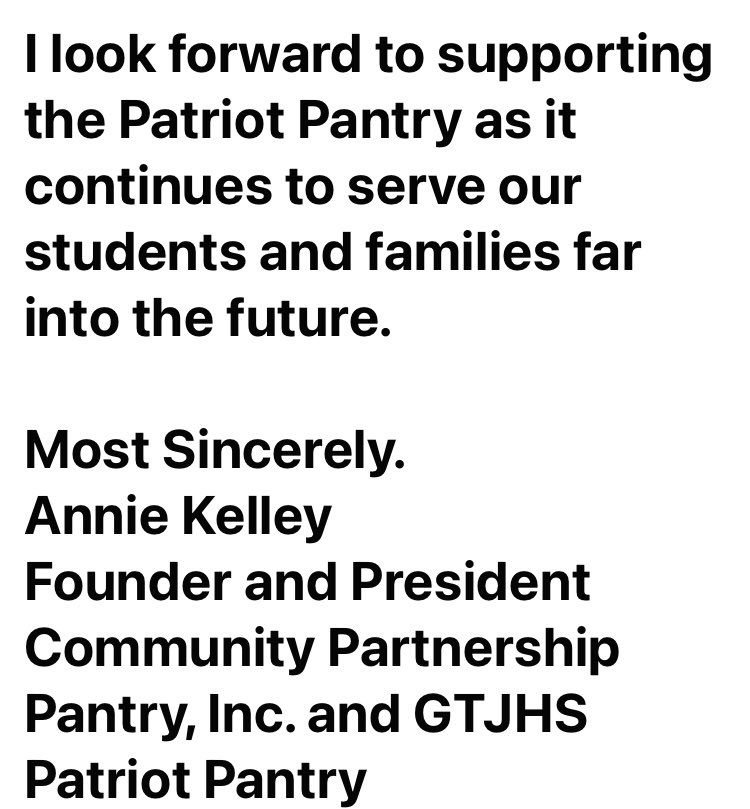 Thank-you to all that have supported CPP, Inc. over the last four years! The Patriot Pantry will continue under the leadership of school staff and volunteers. 🤗