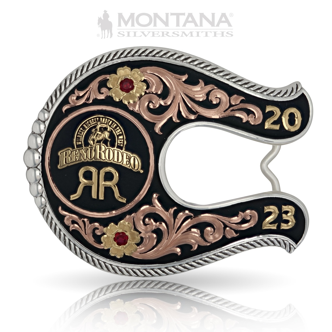The beauty and grace of this Made in Montana buckle combined with silver artistry from the past, is now available to Reno Rodeo buckle collectors in 2023.

#MontanaSilversmiths #EveryBuckleHasAStory #BrandofChampions