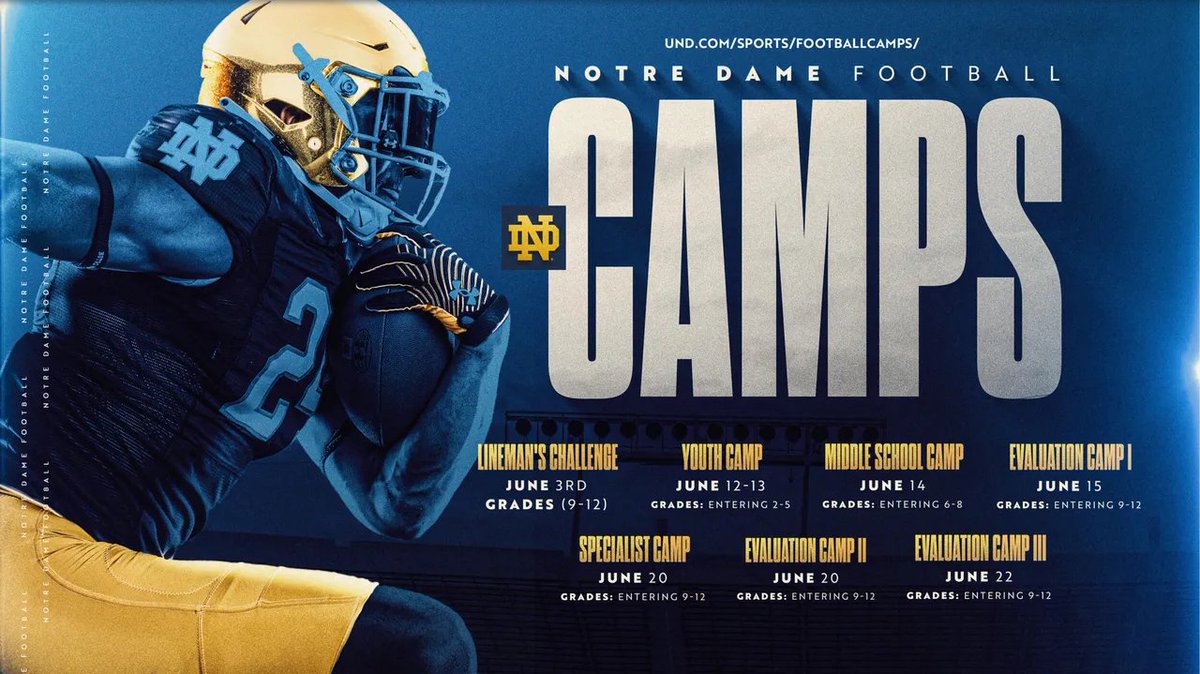 Excited to be in South Bend at the @NDFootball Evaluation Camp tomorrow. Loved the campus tour I did in March. Looking forward to being back #GoIrish @Marcus_Freeman1 @GinoGuidugli @CarterAuman @LFHS_Scouts @qbwon @CoachBigPete @DeepDishFB @EDGYTIM @PrepRedzoneIL @OJW_Scouting