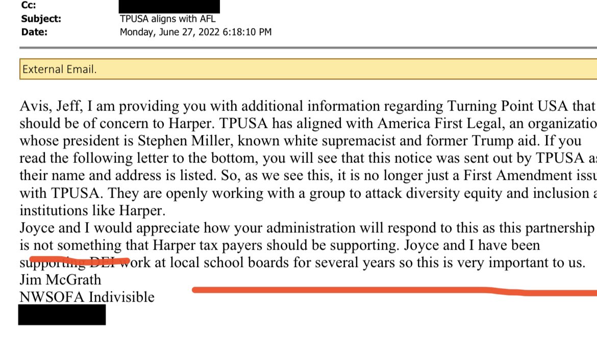 @ILSWWatcher @Awake_IL @BarringtonFiles Oh look what a FOIA revealed, Jim & Joyce work so closely together that they sent a joint letter harassing the Harper College Board to turn away the @TPUSA chapter.