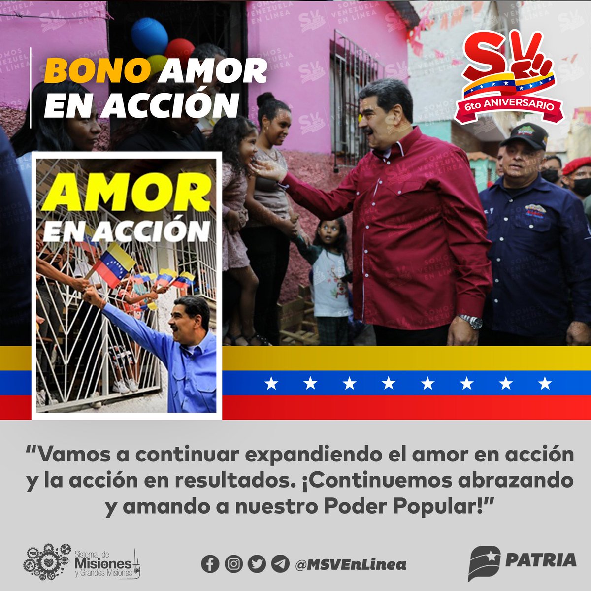 🚨 #ÚLTIMAHORA || Hasta el día de mañana #20Jun será la asignación del Bono Amor en Acción enviado por nuestro Pdte. <a href="/NicolasMaduro/">Nicolás Maduro</a> a través del Sistema <a href="/CarnetDLaPatria/">Carnet de la patria</a>.  

<a href="/MSVEnLinea/">Somos Venezuela | MSVEnLinea</a> #19Jun #ConMaduroPalante
