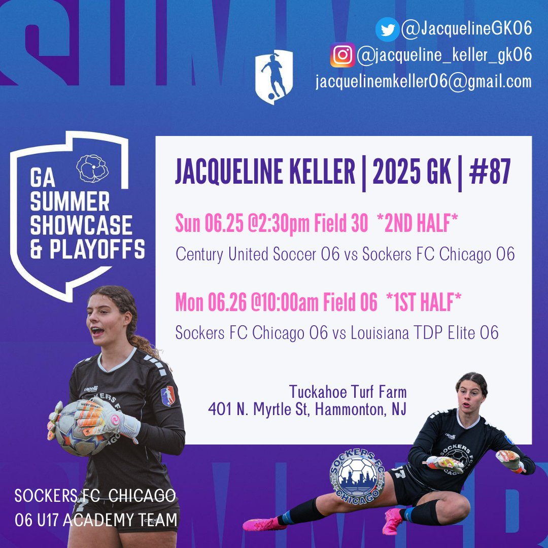 Excited to take the pitch with @Sockers06GA at #GASummer Let's go!

@ImCollegeSoccer @ImYouthSoccer #Classof2025 #gk #gkunion @GAcademyLeague @SockersChicago @SFCGirlsAcademy @SoccerGrlProbs @girlssoccernet @scoutingzone @prepsoccer @topdrawersoccer @thesoccerwire @toppreps…