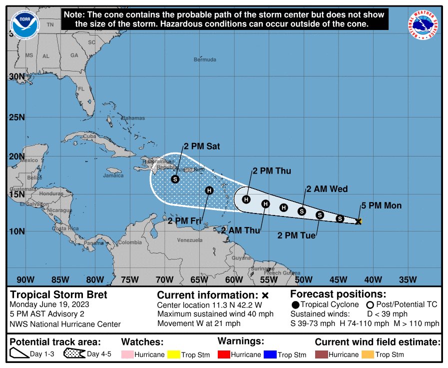 WeatherBen99's tweet photo. 2nd named storm of the 2023 season, #Bret could be an issue for the lesser Antilles later on this week. @NHC_Atlantic is watching a couple of waves off Africa. Stay tuned https://t.co/YgrmFfbGwf