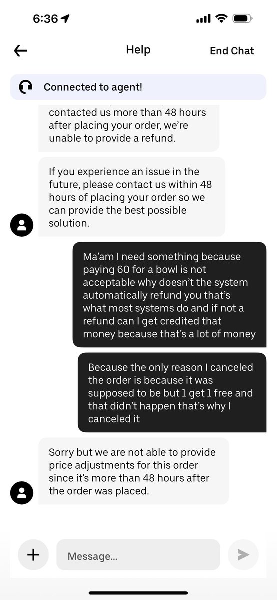 PrioleauCrystal's tweet photo. @UberEats I am so disappointed in your customer service. I ordered a product the price wasn’t right so I canceled it and reordered thinking my money would be refunded for the cancelled order in 3 to 5 business days but this is all I heard. This is bad business. https://t.co/DdO5nhX0k4