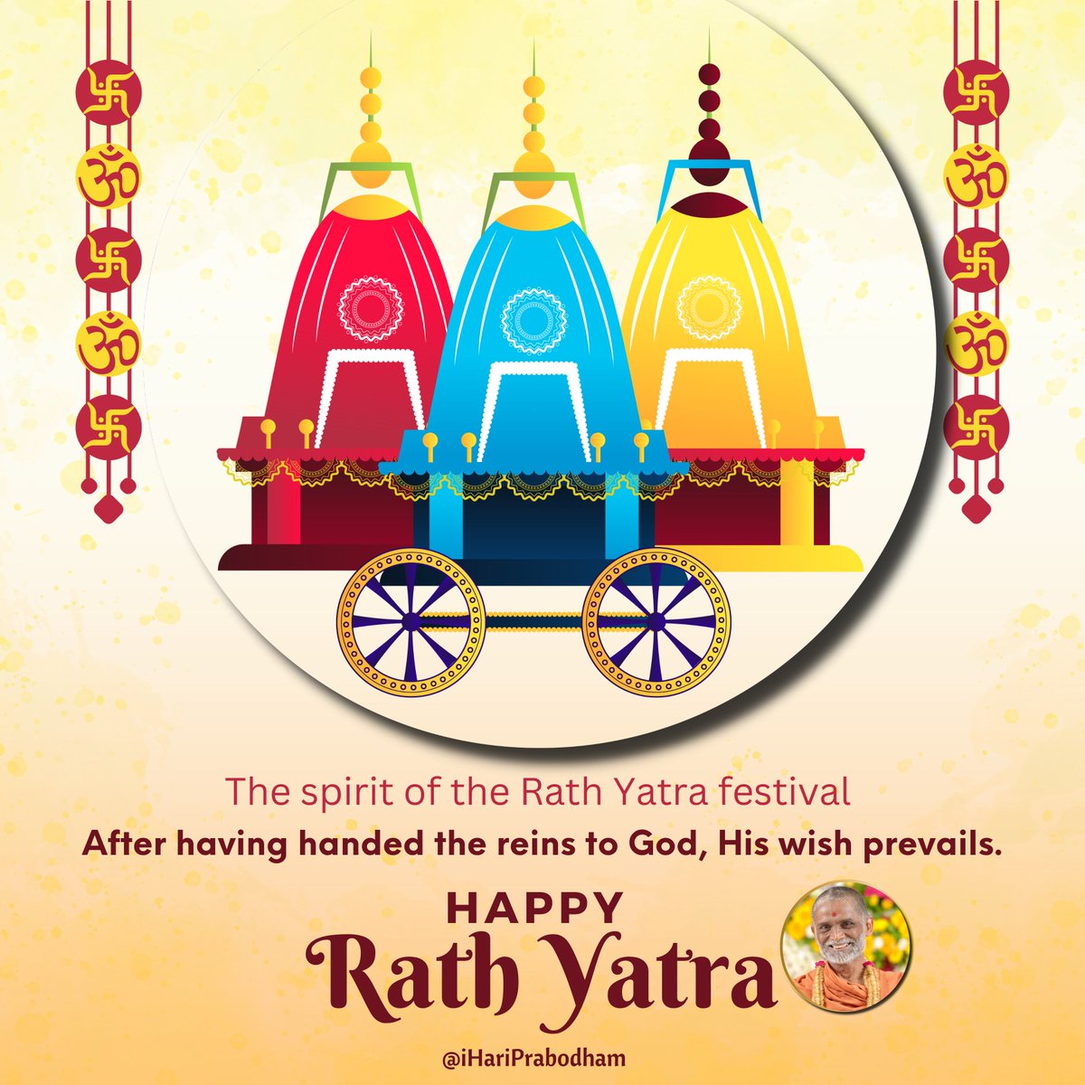 iHariPrabodham's tweet photo. The spirit of the RathYatra festival: After handing the reins to God, His wish prevails - HDH PrabodhJivan Swamiji.

#HariPrabodham #RathYatra2023 https://t.co/3kVjfleUtL