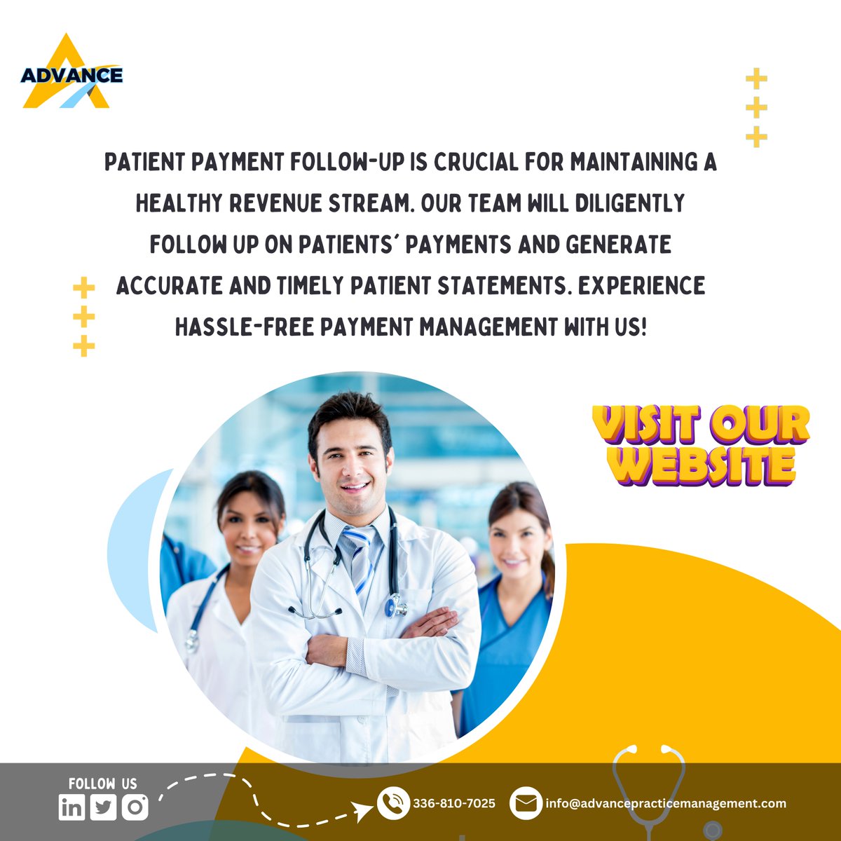 📢 Patient payment follow-up is crucial for maintaining a healthy revenue stream. 💸💼 Our dedicated team ensures that you receive every penny owed to you! 💪💰
.
👉 Visit our website: advancepracticemanagement.com🌐
👉 Call Us —> 336-810-7025 ☎️
.
#PatientPayments #RevenueStream