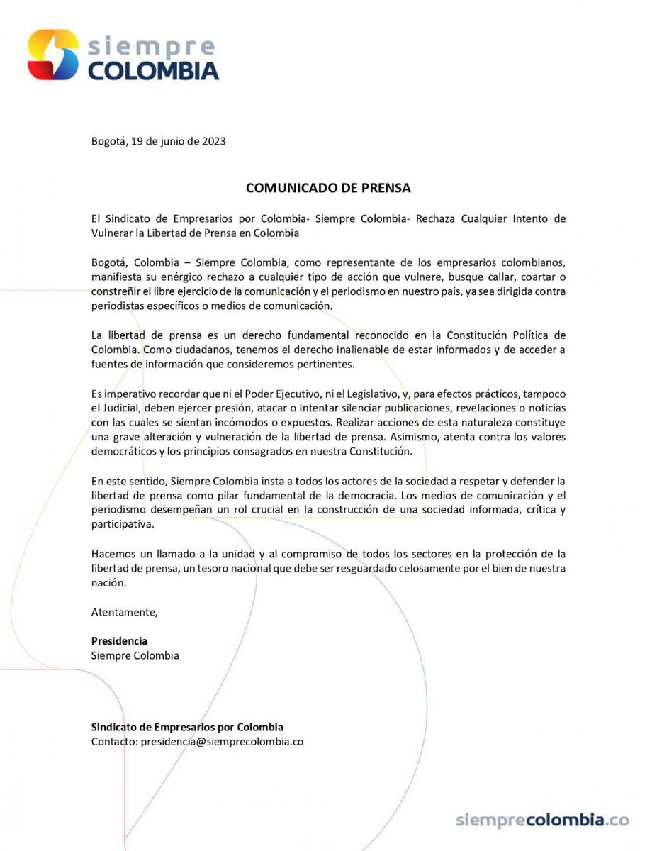 SiempreCol_'s tweet photo. El primer sindicato patronal y empresarial de Colombia “Siempre Colombia”, rechaza categóricamente cualquier acto que vulnere la
#LibertadDePrensa en #Colombia

@VickyDavilaH @lafm @lasillavacia @WRadioColombia @lcvelez @jsanchezcristo @ZuluagaCamila @BluRadioCo @NestorMoralesC https://t.co/P38YYd71vQ