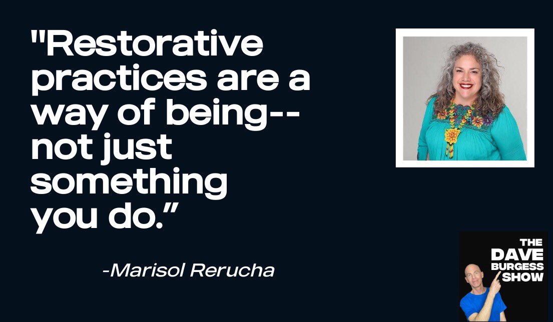 'Restorative practices are a way of being...not just something you do.' - @MarisolRerucha on episode 9 of the #DaveBurgessShow. thedaveburgessshow.buzzsprout.com/1635715/823781… Also grab her book, #BeyondTheSurface of #RestorativePractices amazon.com/Beyond-Surface… #tlap #LeadLAP #dbcincbooks