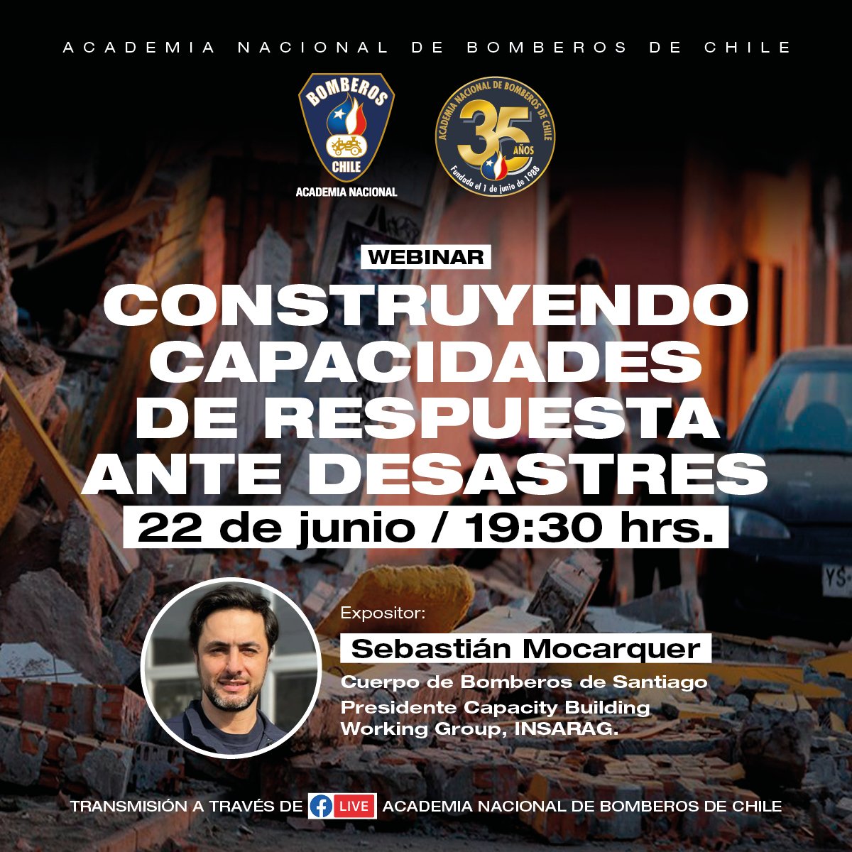 𝗪𝗘𝗕𝗜𝗡𝗔𝗥 | En el marco de su 35° aniversario, la @ANB_Chile presenta el webinar 'Construyendo Capacidad de Respuesta ante Desastres', dictado por Sebastián Mocarquer. 👉 Agenda: 🗓 Jueves 22 / 🕜 19.30 horas.