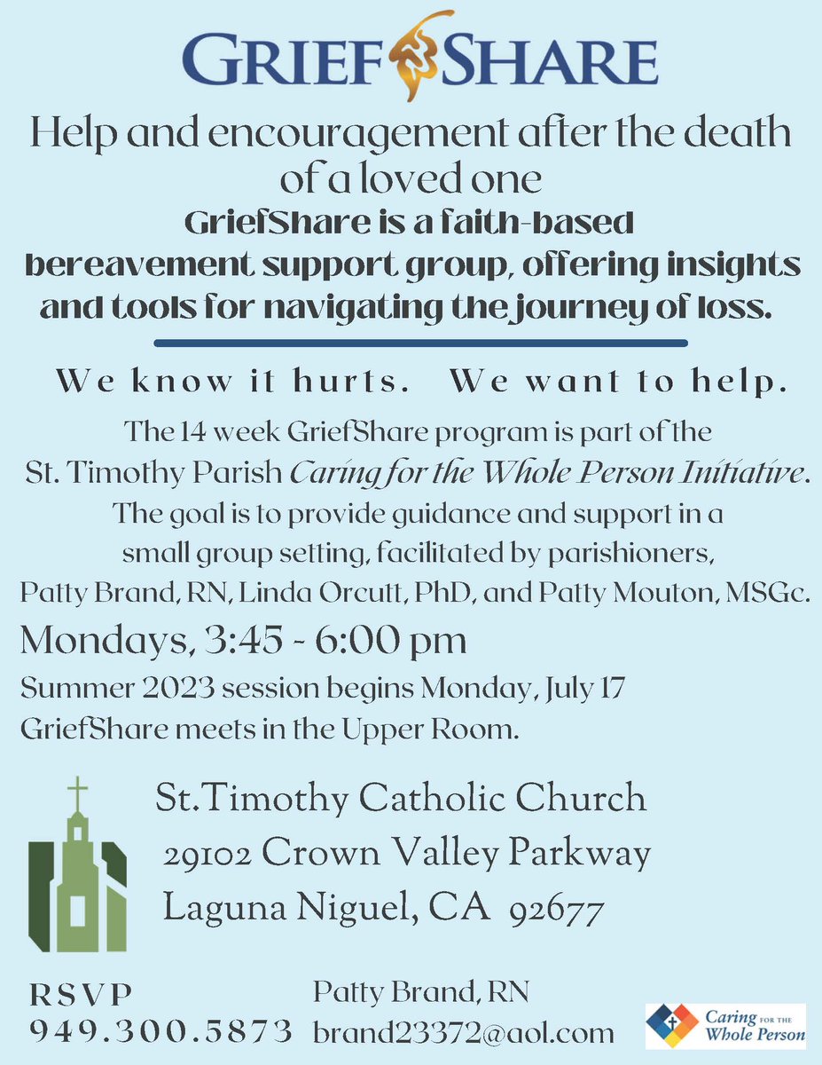 MoutonPatty's tweet photo. St. Timothy Catholic Church in Laguna Niguel will host another GriefShare series beginning July 17, 2023.  This program is faith-based, in ecumenical Christian tradition. All are welcome! 
Questions? patty.mouton@alzoc.org https://t.co/WxjyOiz2Oz