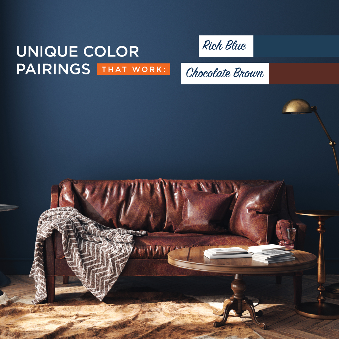 Rich blue and chocolate brown make a classic combination that just works. The blue complements the organic feel of brown, and adding textures to your decor takes it up a notch. What do you think?

#ColorPalette #ColorPairing #PaintColor #InteriorPaint #InteriorColors...