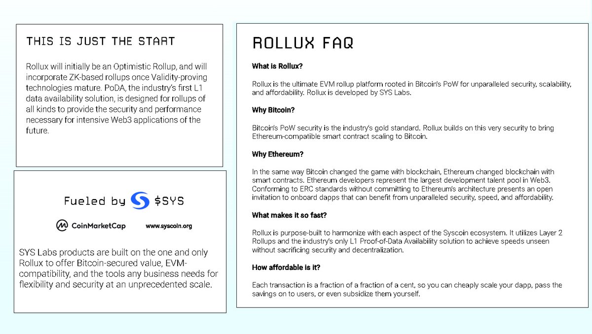 #Rollux enables near-instant low-cost transfers, contract deployments, and much more. Oh, and it’s secured with #Bitcoin😉. <a href="/RolluxL2/">ROLLUX</a> is built by <a href="/SYSLabsOfficial/">SYSLABS</a>, powered by #Syscoin, and fueled by $SYS. Rollux is Syscoin’s #Layer2⚡️.

⏰Mainnet June 28th rollux.com